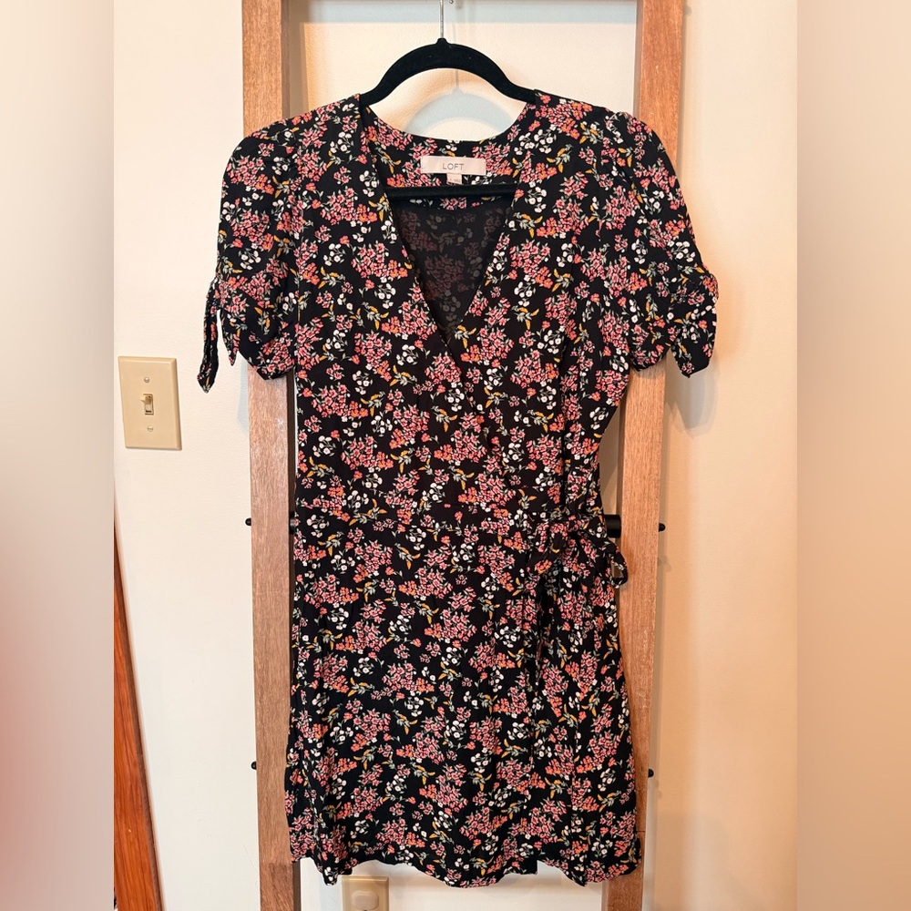 LOFT Black Floral Midi Wrap Dress with Pink & White Blossoms